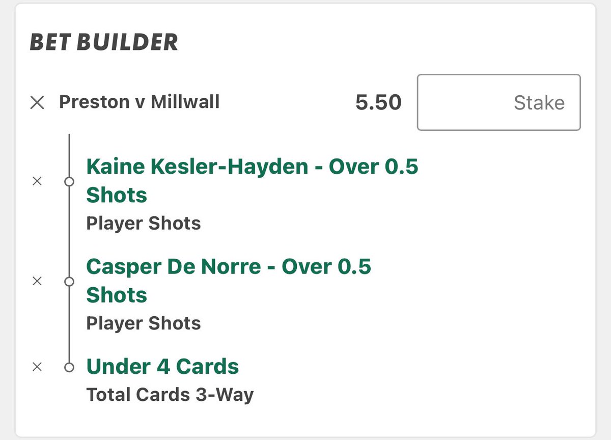🏴󠁧󠁢󠁥󠁮󠁧󠁿 Preston vs Millwall

Kaine Kesler Hayden Over 0.5 Shots
Under 6 Cards

Stake 1u @ 1.80

1.66 Min

Kaine Kesler Hayden Over 0.5 Shots
Casper de Norre Over 0.5 Shots
Under 4 Cards

Stake 0.25u @ 5.50

4.50 Min

Kesler Hayden Shots -
1,2,0,1,1,1,3,1,1

In terms of cards, Millwall