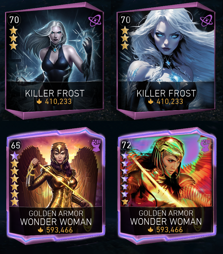 Hey
<a href="/Injustice2Go/">Injustice 2 Mobile</a> <a href="/NetherRealm/">NetherRealm</a> it would be great not to abandon the tradition of updating character art when they reach gear level 60... Killer Frost &amp; Golden Armour Wonder Woman are two legendaries that could easily be updated. Thoughts? #injustice #gaming #injusticetogo