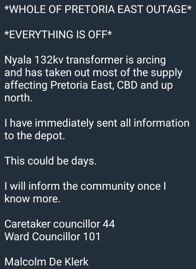 AvgCitizenSA's tweet photo. #PretoriaEast #PowerOutage

Update: 18 February 20:40. https://t.co/JKFuQtD8Y6