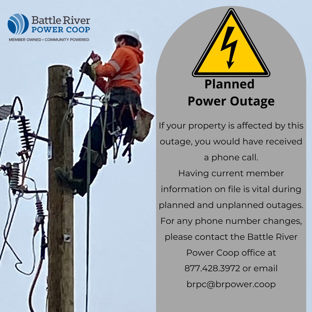 PLANNED OUTAGE
REMINDER: Pre-planned power outage N of #Hardisty on Friday, February 21st from 10:00 am - 11:00 am for System Maintenance.
brpower.coop/outages/outage…
