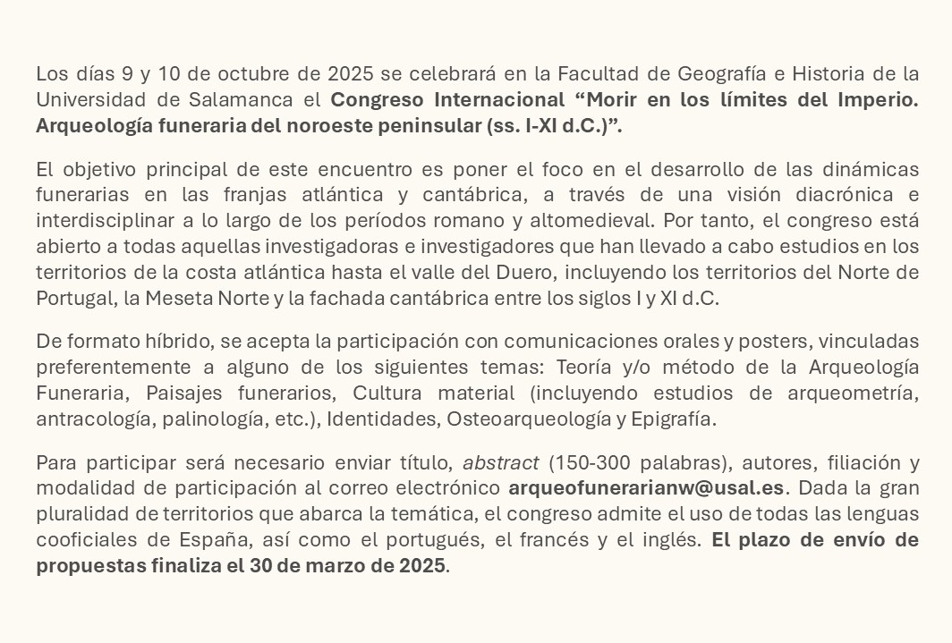 Laura Blanco-Torrejon (@lblancotorrejon) on Twitter photo 🚨🦴💀 Patricia Valle y yo te invitamos a participar en este encuentro sobre Arqueología Funeraria del Noroeste Peninsular!
Para más información puedes consultar el abstract completo en ataemhis.usal.es/cfp-congreso-m… o mándanos un email a arqueofunerarianw@usal.es 🚨🦴💀 Patricia Valle y yo te invitamos a participar en este encuentro sobre Arqueología Funeraria del Noroeste Peninsular!
Para más información puedes consultar el abstract completo en ataemhis.usal.es/cfp-congreso-m… o mándanos un email a arqueofunerarianw@usal.es