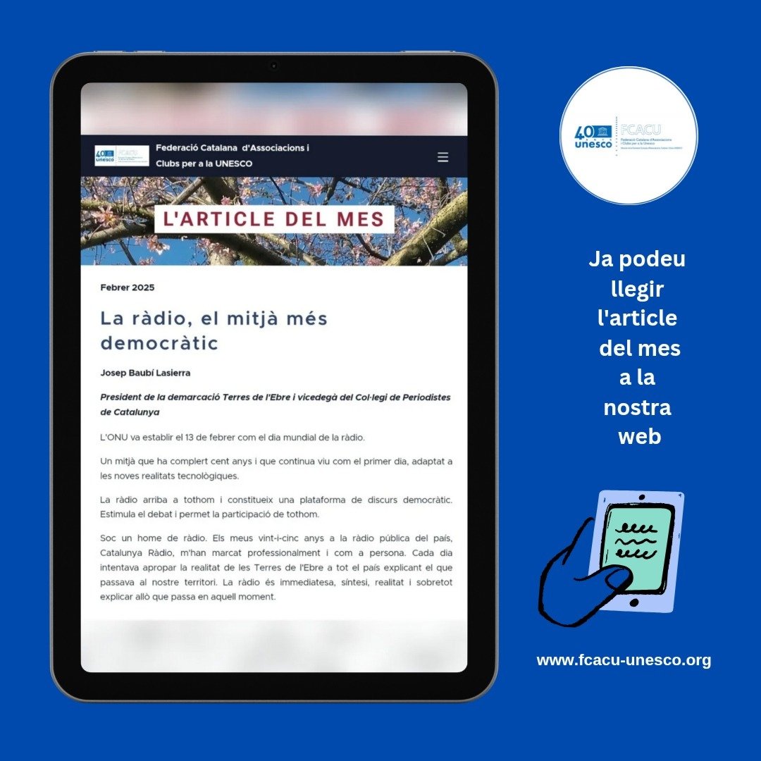 FCACU1's tweet photo. El mes de febrer, el dediquem al Dia Mundial de la Ràdio. Us convidem a llegir l'article: "La ràdio, el mitjà més democràtic", per Josep Baubí Lasierra, President de la demarcació Terres de l'Ebre i vicedegà del Col·legi de Periodistes de Catalunya.
#FCACU
#diadelaràdio https://t.co/49WYBWSVvv