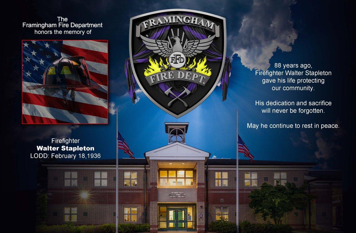 FraminghamFire's tweet image. On February 18, 1936, Firefighter Walter Stapleton, died of injuries sustained while responding to a fire at 83 Central St. What began as a routine basement fire tragically ended with the loss of his life.

Today, we honor his memory and ultimate sacrifice. #LODD #NeverForget