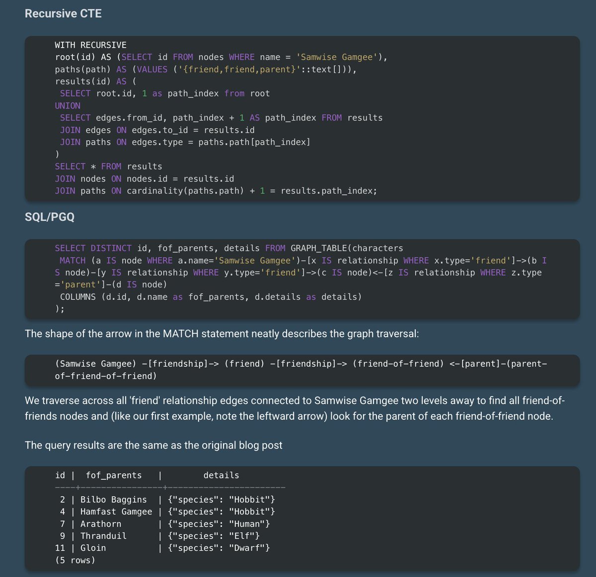 Inspired by the post on HN yesterday about running graph queries on Postgres with recursive CTEs, my coworker installed the SQL/PGQ patches locally and ported all the examples to this native graph query language coming (eventually) to Postgres!