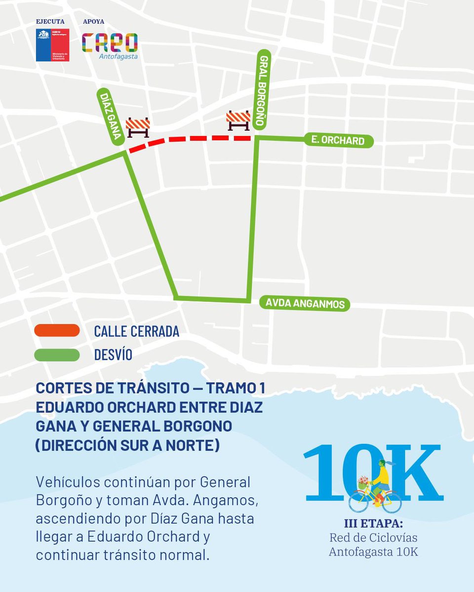 CreoAntofagasta's tweet photo. Este jueves 20 de febrero comienzan las obras del primer tramo de la lll Etapa de la Red de Ciclovías de #Antofagasta

Se intervendrá la calle Eduardo Orchard, entre Díaz Gana y General Borgoño (De sur a norte), teniendo como desvío Av. Angamos📍

Agradecemos su comprensión🙏 https://t.co/p4nmDqYDkP
