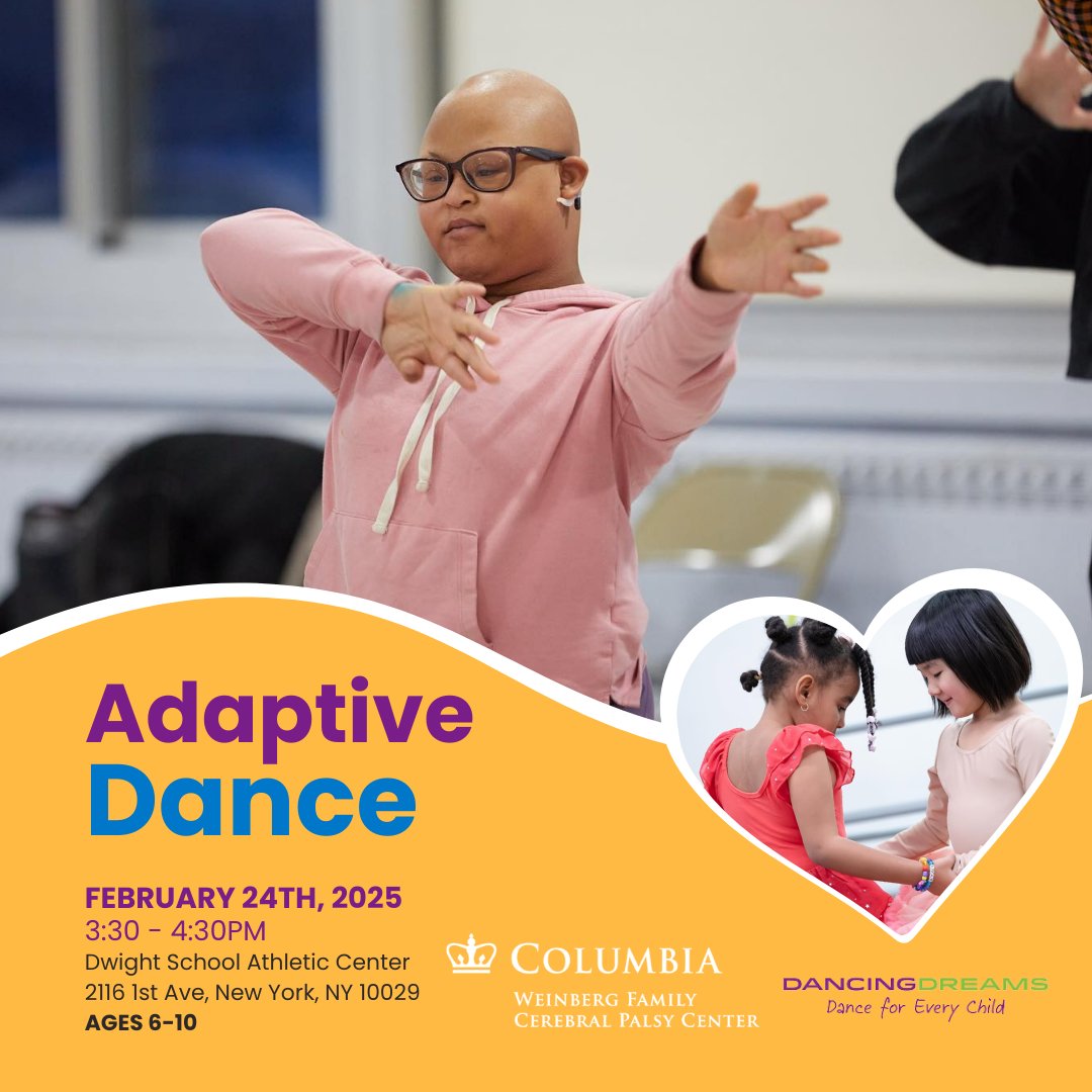 Weinberg Family Cerebral Palsy Center (@weinbergcp) on Twitter photo There's still time to register for our
<a href="/DancingDreamsNY/">Dancing Dreams</a> adaptive dance class!
- Mon 2/24
- Ages 6-10
- Children with medical/physical challenges, all abilities - No dancing experience req'd
Dwight School Athletic Center, 2116 1st Ave, NY10029
events.columbia.edu/go/dancingdrea… There's still time to register for our
<a href="/DancingDreamsNY/">Dancing Dreams</a> adaptive dance class!
- Mon 2/24
- Ages 6-10
- Children with medical/physical challenges, all abilities - No dancing experience req'd
Dwight School Athletic Center, 2116 1st Ave, NY10029
events.columbia.edu/go/dancingdrea…