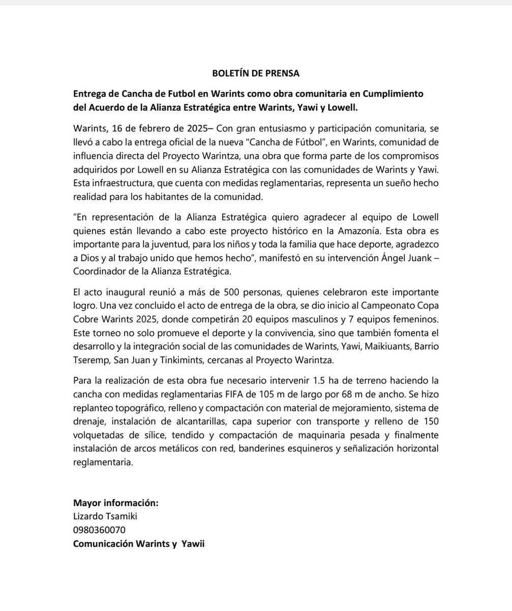 Les compartimos el boletín sobre la inauguración de obras comunitarias, incluyendo el estadio del Centro Shuar Warints, una obra que forma parte de los compromisos adquiridos por Lowell en su Alianza Estratégica con las comunidades Warints y Yawi

#WarintsyYawi 
#SomosFuturo