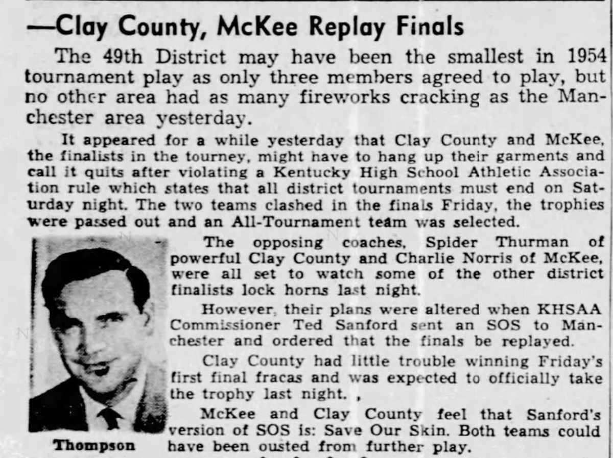 13thRegionHist's tweet photo. The 1954 49th District basketball tournament title game may be the only one in KHSAA history that had to be played twice.  It was thought that Clay County was the titleist after the Tigers downed Tyner on Thursday and McKee on Friday.  . https://t.co/ctMyiMFNwi
