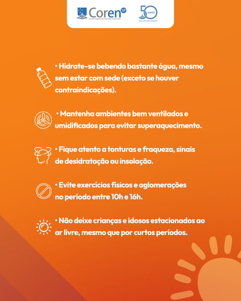 corensaopaulo's tweet image. Em meio a ondas de calor cada vez mais frequentes, é necessário redobrar os cuidados para evitar implicações à saúde.

Compartilhe essas dicas e ajude mais pessoas a enfrentar o calor com segurança.

Cuide-se!

Fonte: Secretaria Municipal da Saúde de São Paulo

#corensp #calor