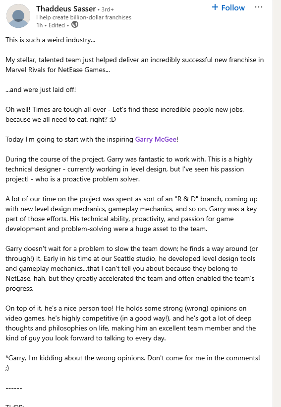 Marvel RIvals Game Director has been laid off along with his entire Seattle-based development team.