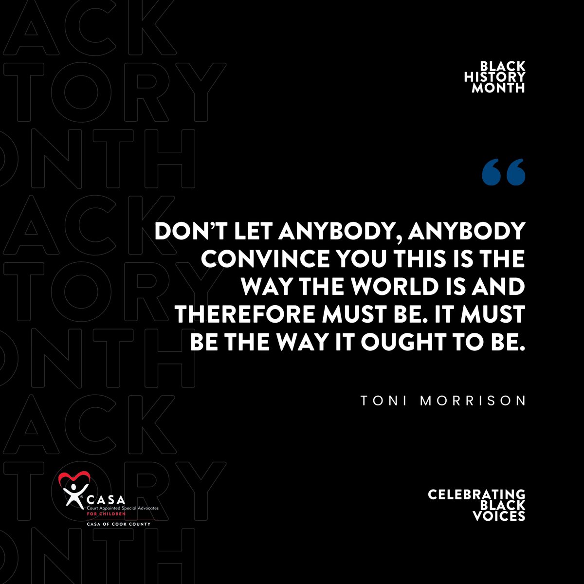 Toni Morrison’s words gave voice to the beauty, pain, and power of the Black experience. Her storytelling continues to inspire, educate, and uplift generations.

#BlackHistoryMonth #CASAofCookCounty
