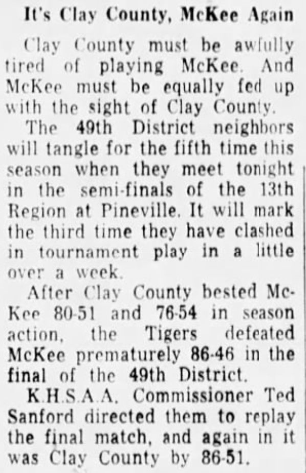 13thRegionHist's tweet photo. The teams would meet again in the 13th Region Tournament semifinals with Clay County winning 64-47 to end McKee's best-ever season.  The Bulldogs, led by eventual EKU Colonel Paul Sears, finished 26-8 with five of the defeats at the hands of Big Clay. https://t.co/XIqXxwTuS6