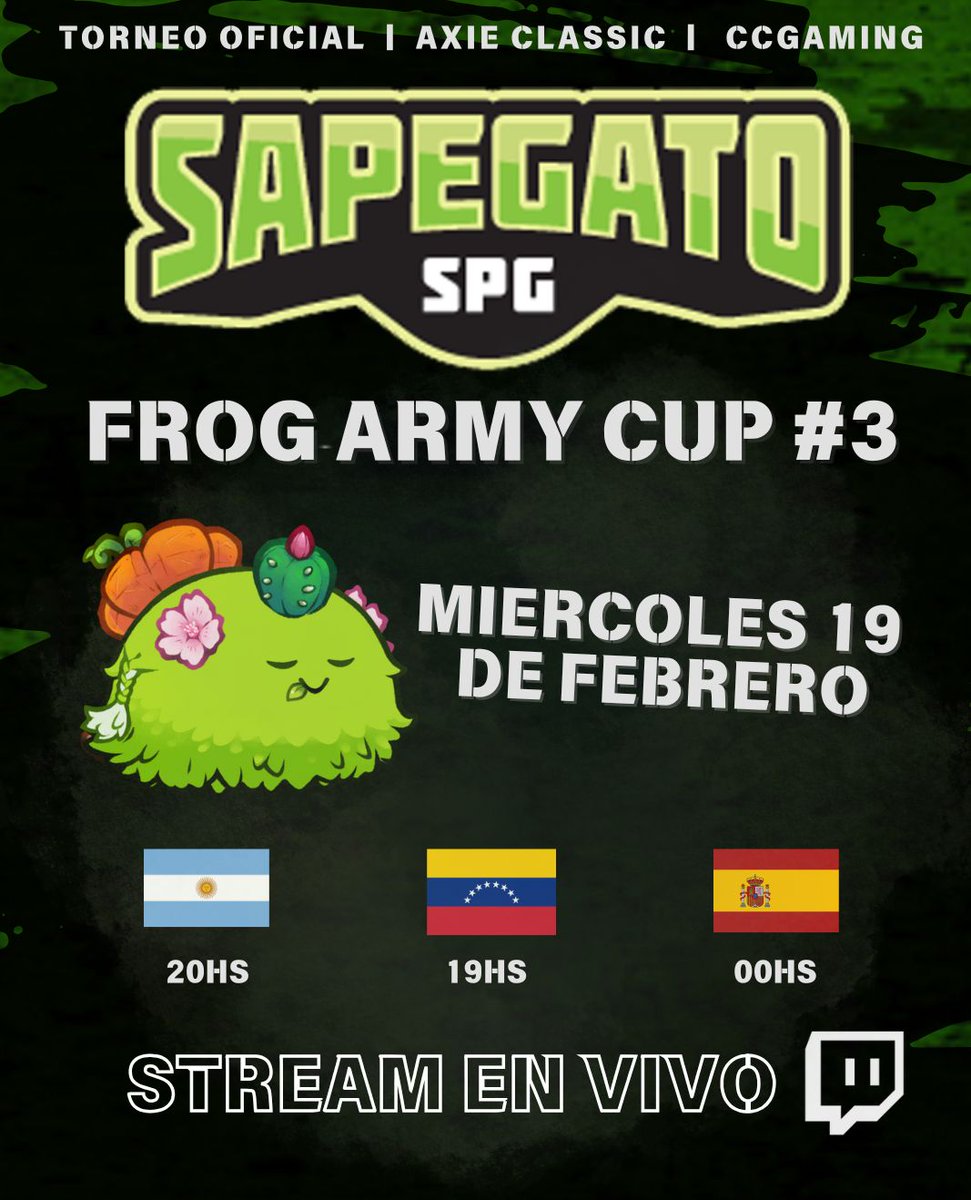 ¡Hola, comunidad de @axieinfinity! 🎉 

No te pierdas nuestro próximo stream en **Twitch** por el canal de [Sapegato_SPG](twitch.tv/sapegato_spg). 

¡Ven a disfrutar de la #OffseasonCup3! 

 #FrogArmy y #AxieInfinity 🐸💪

¡Nos vemos en vivo!