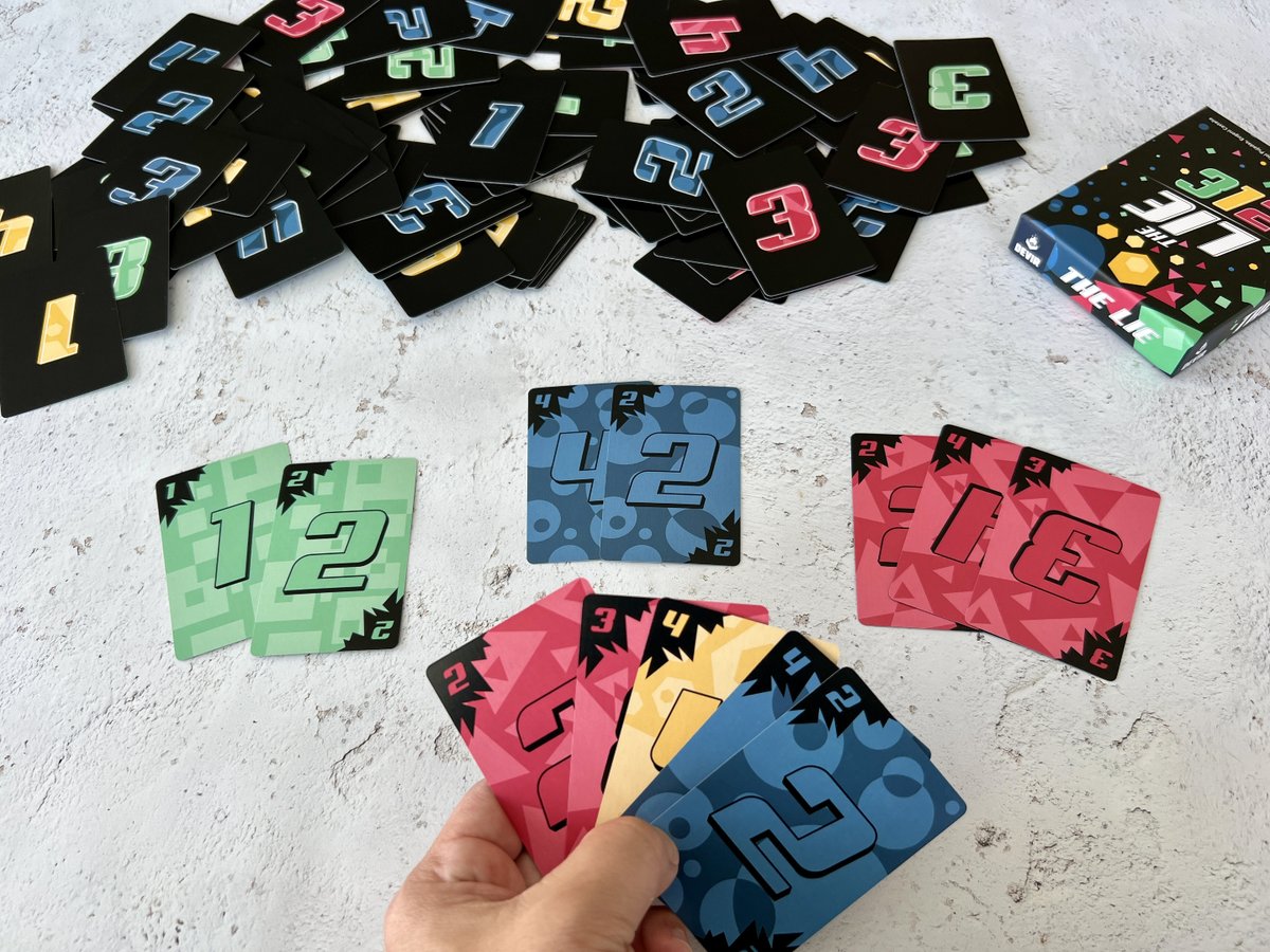 devirgames's tweet photo. In The Lie, everything is a trick! Cards may change color or number when flipped, so you’ll need to think fast and play smart! 🃏 Can you be the first to run out of cards and win the round? Play with 2-6 players in just 20 minutes of fun and deception! #devirgames #devirpocket https://t.co/wzbNFQDMWz