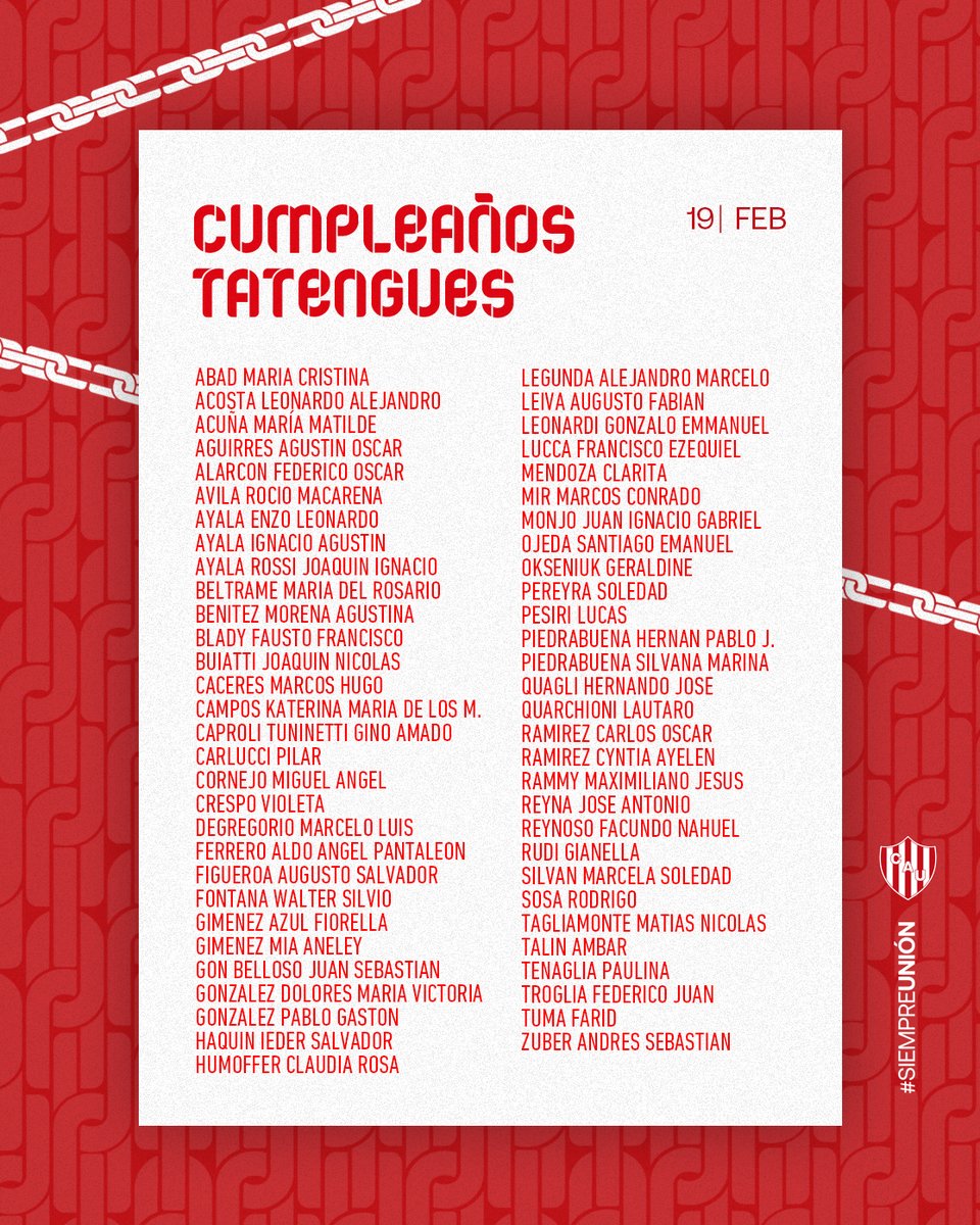 clubaunion's tweet photo. 🎂 Unión saluda a sus socios y socias que cumplen años hoy.
¡Felicidades! 🔴⚪ 
#SociosTatengues #SociasTatengues #CumpleañosTatengues https://t.co/y1JeTCTZT3