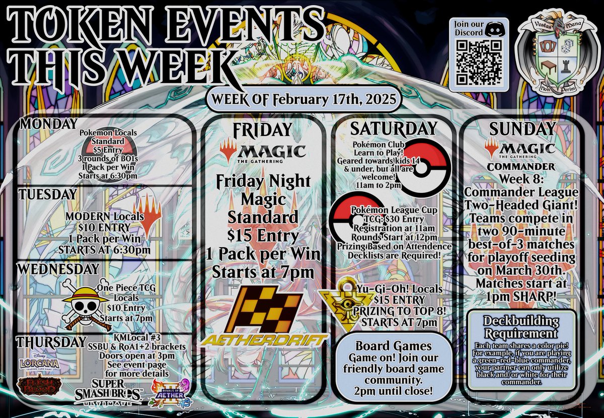 Highlights for February 17-23:
- Modern returns this week—join us for games tonight!
- This week's Friday Night Magic features Standard, with a Cowboy Bebop promo for participants.
- Pokémon League Cup is this Saturday.
- Commander league matches now have a 90-minute time limit.