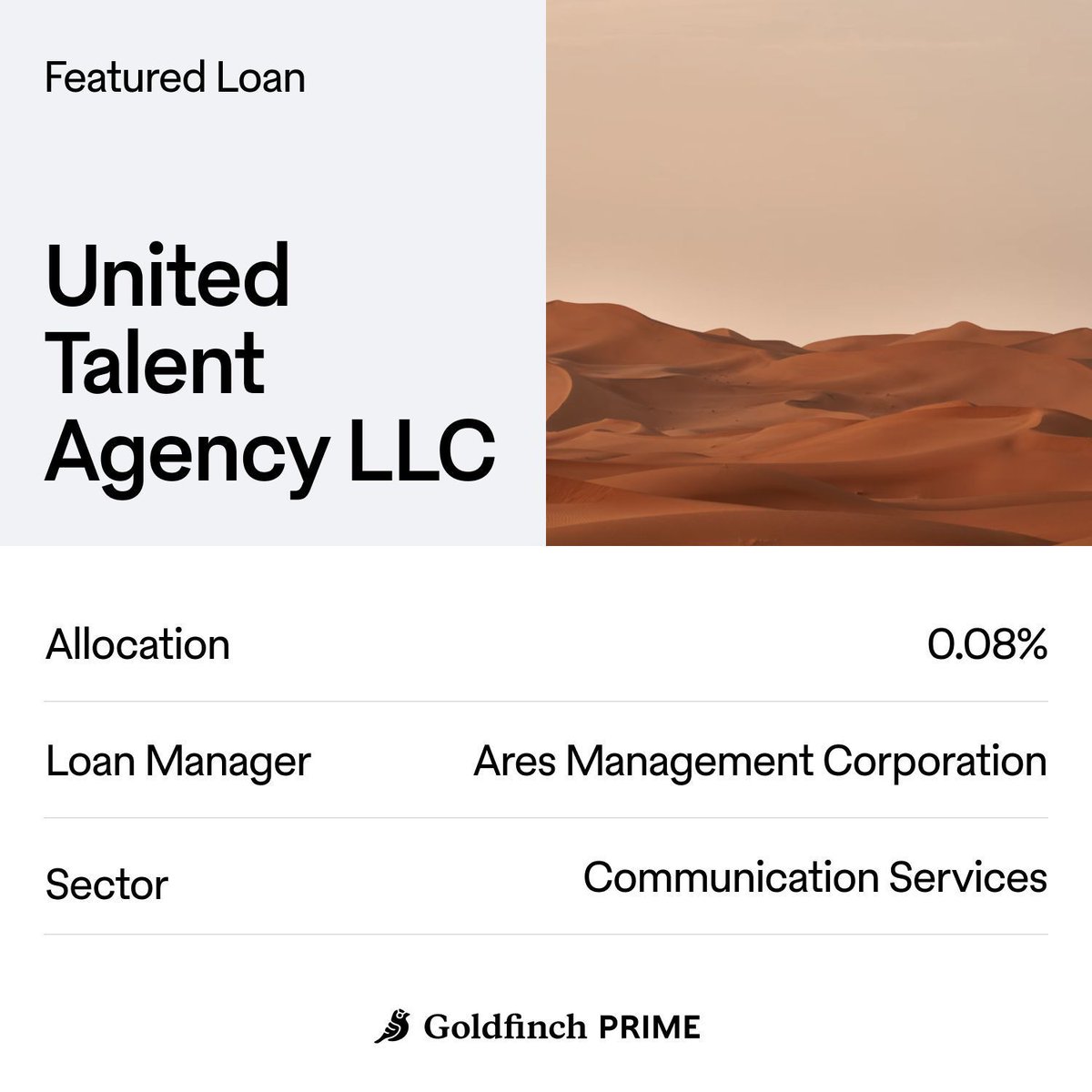 If you liked Timothée Chalamet in the Dune movies, you’ll also like that he's represented by United Talent Agency — which is 0.08% of Goldfinch Prime, helping investors earn 10%+ yield along with 1000s of other loans.