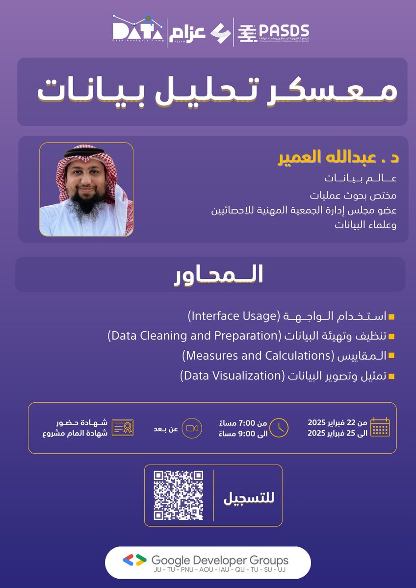 AlomairAbdulDS's tweet image. حياكم في معسكر جديد

من تنسيق 10 أندية قووقل (من 10 جامعات سعودية )

سنخوض فيها رحلة ممتعة مع البيانات و نتعلم الجديد المفيد

أحب كل الابطال وراى هذا العمل

و أخص البطلة المبدعة أثير @AtheerCs 

و ملهمنا القائد الممكن د فيصل @fsharabi 

#Google 
#GDG