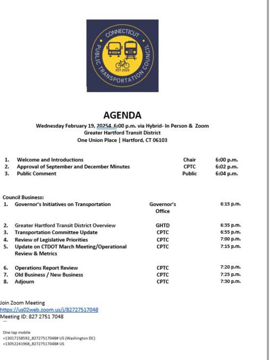 CPTC agenda for our meeting tomorrow night at the Greater Hartford Transit District offices. 

The CPTC will also be meeting prior to that with the Transportation Committee at 4:00 at the LOB.