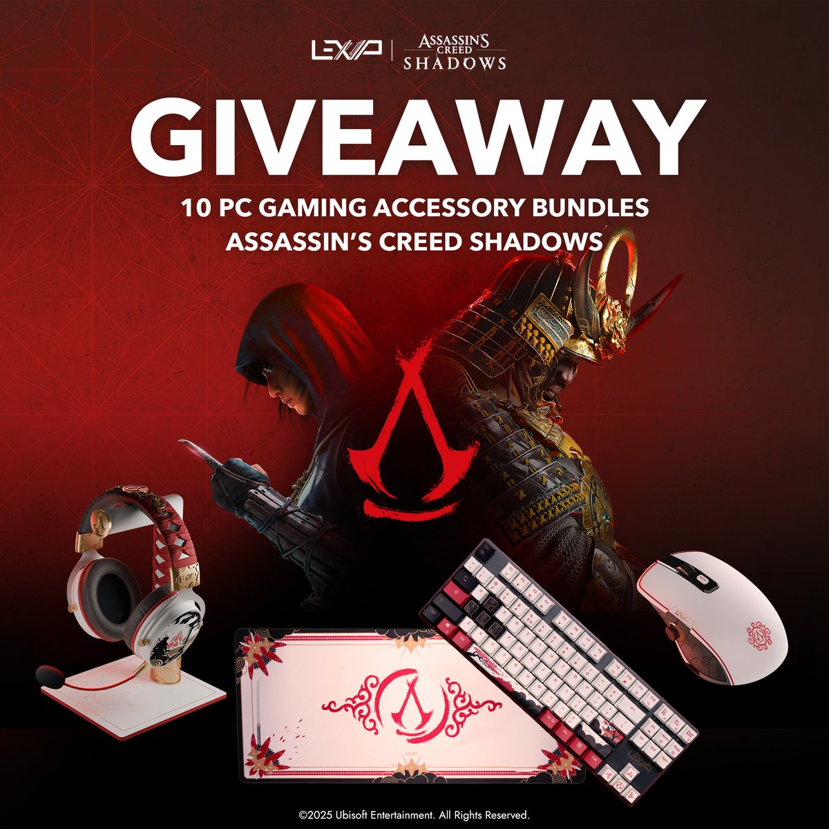 assassinscreed's tweet image. 🎉Giveaway Alert!🎉 You could win one of 10 exclusive Lexip bundles featuring an Assassin's Creed Shadows-themed keyboard, mouse, headset, and mousepad! 🖥️🥷

To enter:
Like &amp;amp; Follow
RT this post with the feature you're most excited about in Assassin's Creed Shadows

Good luck🍀