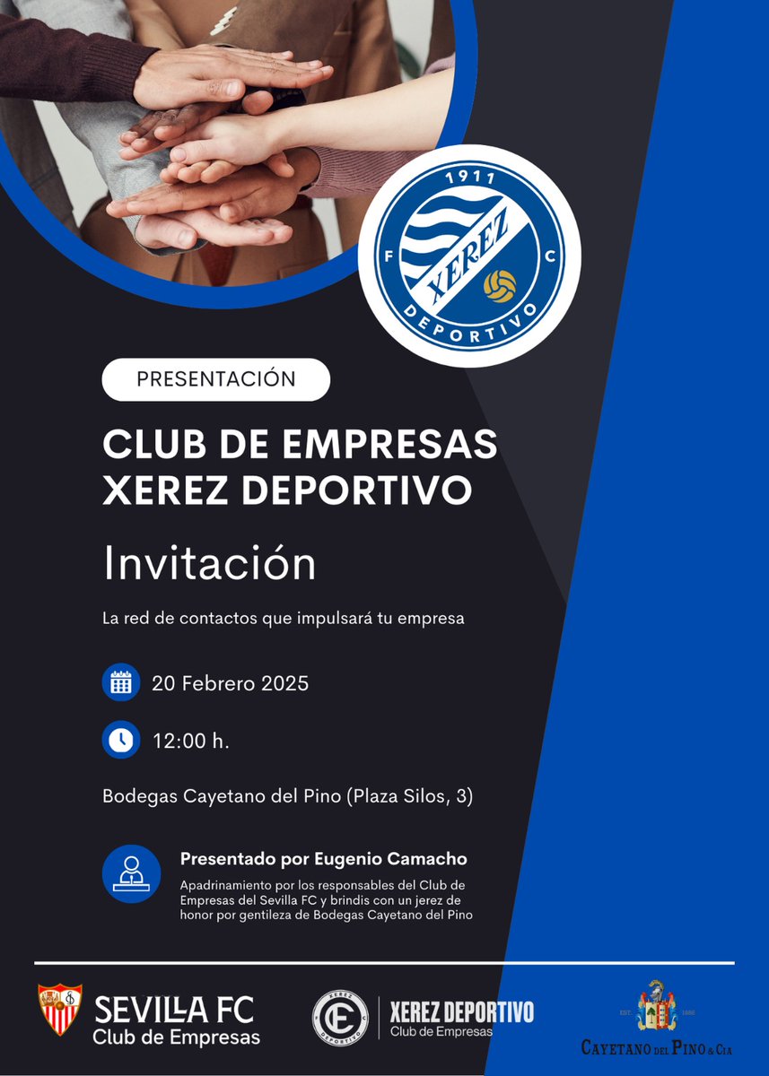 XEREZ DEPORTIVO (@xerezdfc) on Twitter photo PRESENTACIÓN 🔊 | 𝐂𝐥𝐮𝐛 𝐝𝐞 𝐄𝐦𝐩𝐫𝐞𝐬𝐚𝐬 𝐗𝐞𝐫𝐞𝐳 𝐃𝐞𝐩𝐨𝐫𝐭𝐢𝐯𝐨
Este jueves nos desplazamos a Bodegas Cayetano del Pino para dar a conocer el nuevo proyecto empresarial del Club
🕛 12:00 h.
🗣️ Presentado por <a href="/camachoeugenio/">Eugenio Camacho</a>
🤝 Apadrinamiento por parte del Club PRESENTACIÓN 🔊 | 𝐂𝐥𝐮𝐛 𝐝𝐞 𝐄𝐦𝐩𝐫𝐞𝐬𝐚𝐬 𝐗𝐞𝐫𝐞𝐳 𝐃𝐞𝐩𝐨𝐫𝐭𝐢𝐯𝐨
Este jueves nos desplazamos a Bodegas Cayetano del Pino para dar a conocer el nuevo proyecto empresarial del Club
🕛 12:00 h.
🗣️ Presentado por <a href="/camachoeugenio/">Eugenio Camacho</a>
🤝 Apadrinamiento por parte del Club