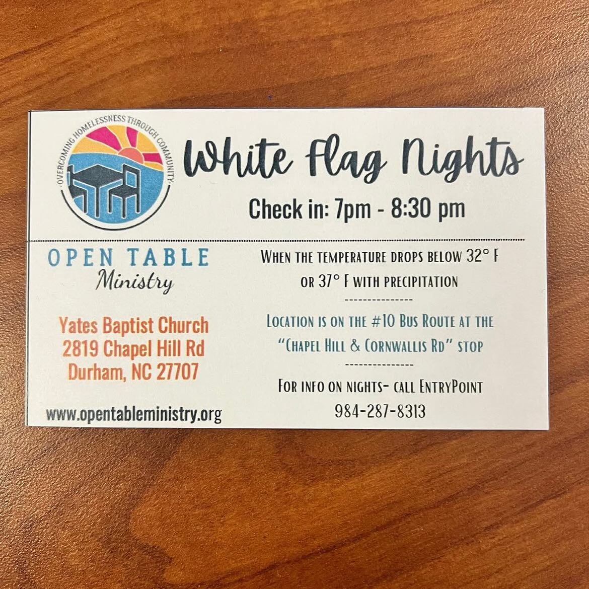 With winter weather in our forecast, Open Table Ministry will be providing White Flag Emergency Shelter EVERY night through Sunday, Feb 23, at Yates Baptist Church (2819 Chapel Hill Road).

📋Check-ins from 7-8:30 PM nightly.

Please share this information with anyone who may
