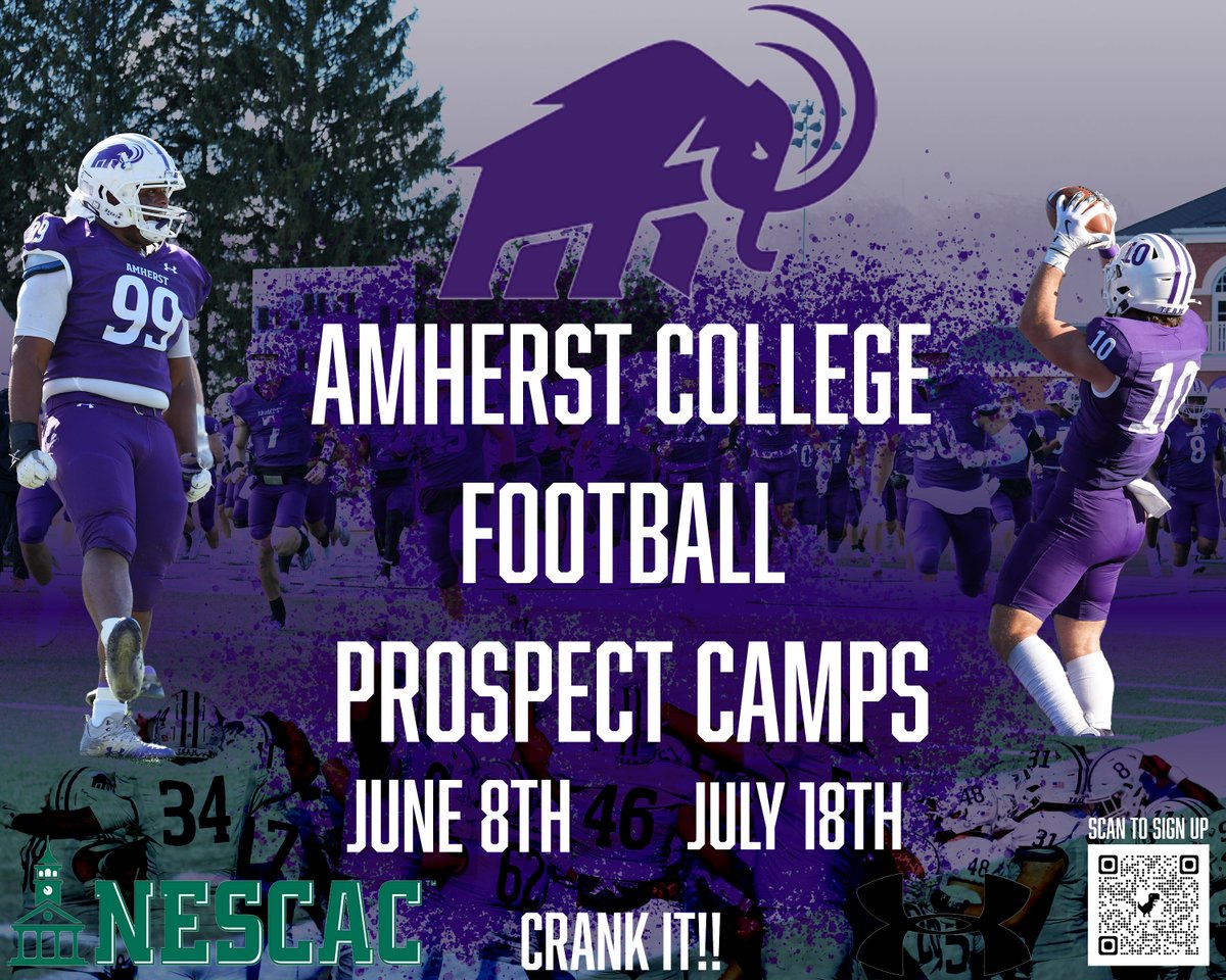 Save the Dates ‼️‼️
Amherst College Football Prospect Camps
June 8th and July 18th 

Sign up today!!!

amherstfootball.totalcamps.com/About%20Us

#CRANKIT