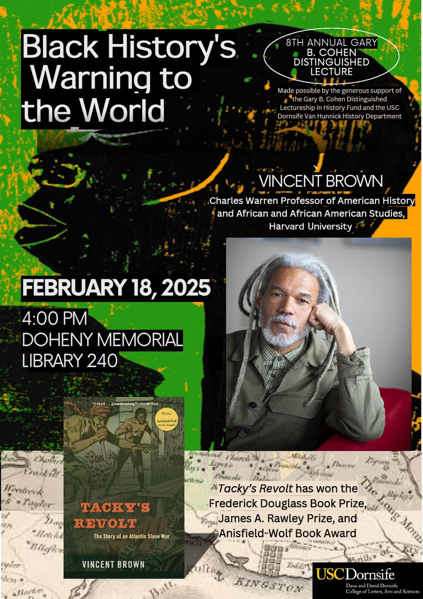 #Today 4pm, DML 240 | "Black History's Warning to the World" w/ Prof. Vincent Brown (Charles Warren Prof. of American History &amp; African American Studies). His book, "Tacky's Revolt," has won the Frederick Douglass Book Prize, James A. Rawley Prize, &amp; more! bit.ly/3D94bWK