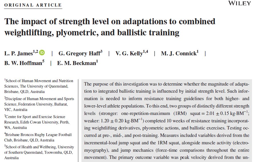 A must read paper that I go back to often:

Does initial strength level affect adaptations to weightlifting, plyometric &amp; ballistic training?

STRONG (2.01x BW squat) vs WEAKER (1.20x BW squat) groups

10 wk intervention: weightlifting derivatives, ballistic &amp; plyo training