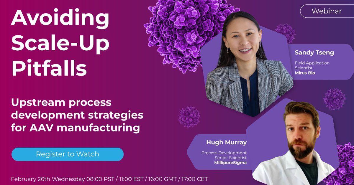 Meet the experts behind next week's AAV Scale-Up Success <a href="/CGT_Insights/">Cell & Gene Therapy</a> webinar:

Join experts Sandy Tseng (Mirus Bio) &amp; Hugh Murray (<a href="/MilliporeSigma/">MilliporeSigma</a> ) as they break down a 200L bioreactor case study &amp; share scale-up strategies.

🔗 Watch now: workcast.com/register?cpak=…