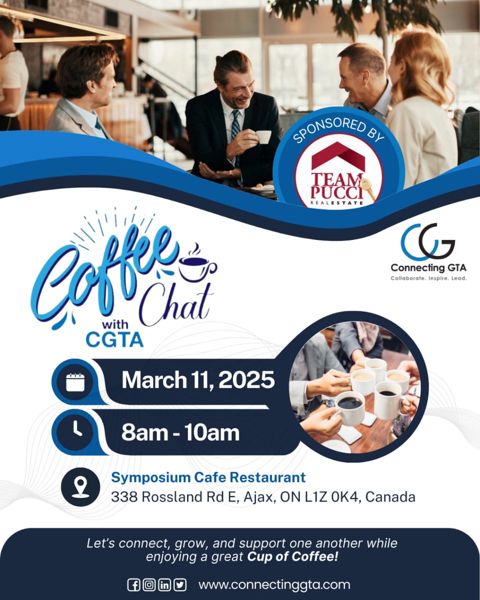 connectinggta's tweet photo. Coffee Chat with CGTA – Powered by Team Pucci Real Estate! ☕

Kickstart your morning with great coffee and even better conversations! Connect with professionals, exchange ideas.

📅 Date: March 11, 2025
⏰ Time: 8 AM - 10 AM
📍 Location: Symposium Cafe Restaurant https://t.co/ju1zuCRD2u
