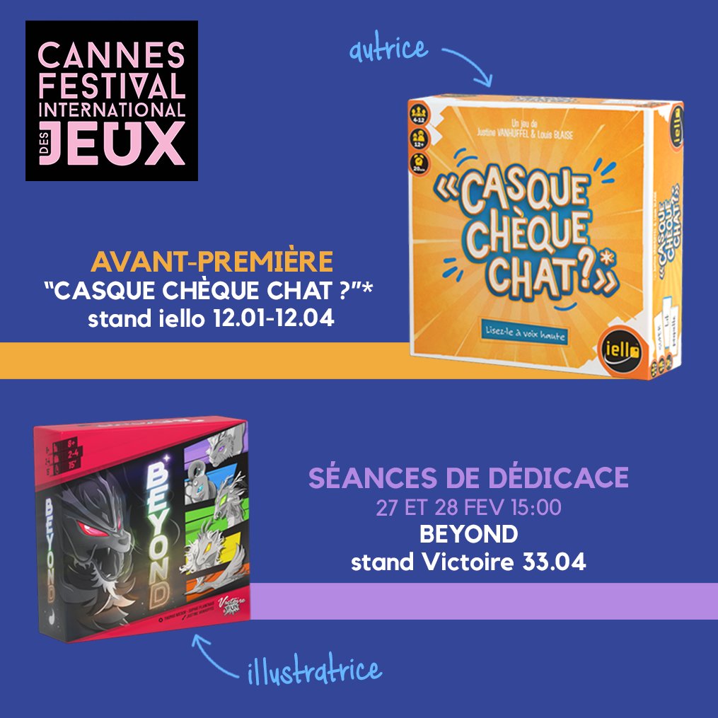 dor_orange's tweet photo. Mon 1er jeu sera en avant-première sur le stand de iello à Cannes. Si vous aimez les jeux de mots, venez essayer "Casque chèque chat?"*, un jeu co-créé avec @Elbostar
Je ferais aussi 2 séances de dédicaces pour Beyond que j'ai illustré pour Victoire ! 
Bref, venez jouer ! https://t.co/Whg5b0XzZX