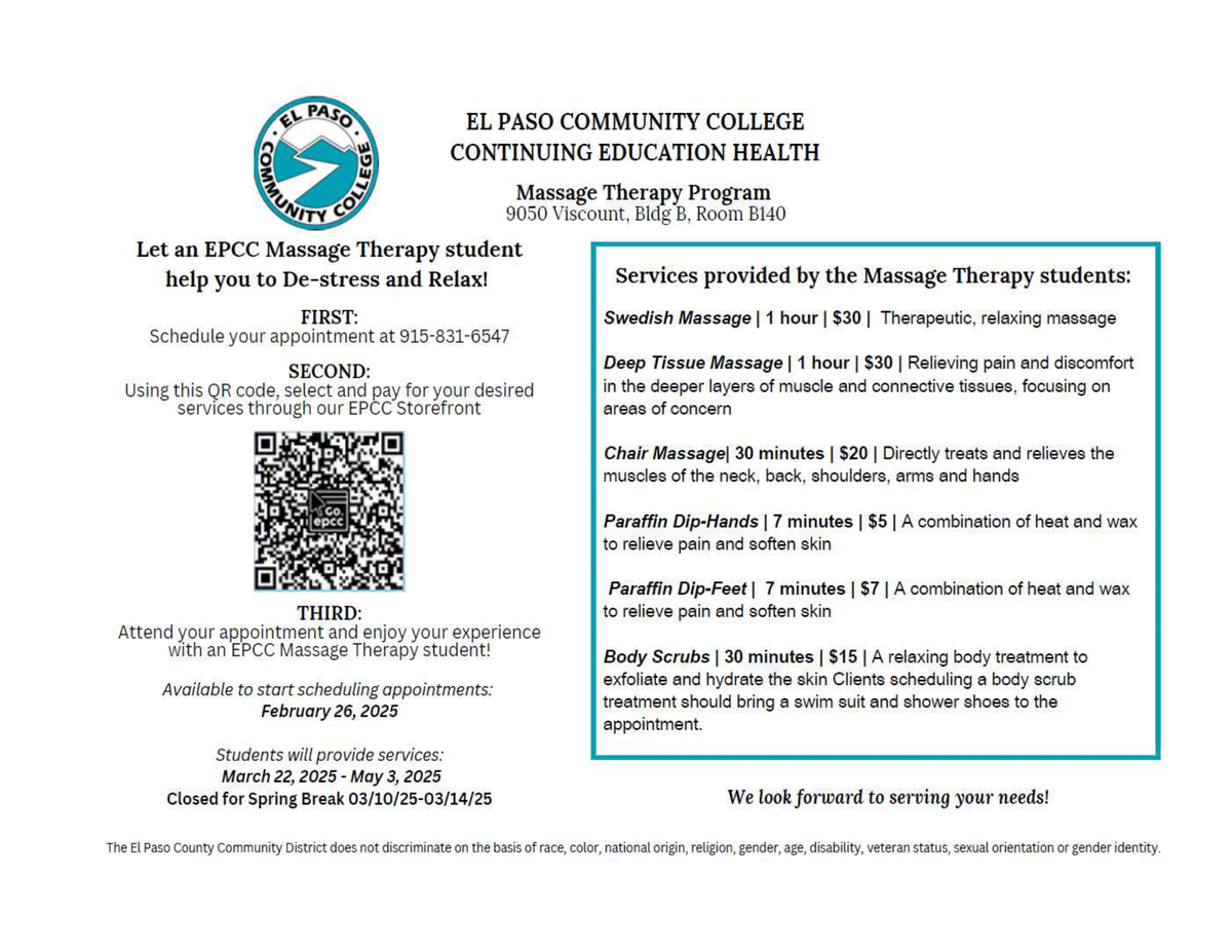 EPCC (@epccnews) on Twitter photo Let an EPCC Massage Therapy student help you de-stress and relax! Schedule your appointment by calling (915) 831-6547 beginning Feb. 26. Pay for your desired service at secure.touchnet.com/C20715_ustores…. <a href="/EPCCRecruitment/">EPCC Recruitment</a> Let an EPCC Massage Therapy student help you de-stress and relax! Schedule your appointment by calling (915) 831-6547 beginning Feb. 26. Pay for your desired service at secure.touchnet.com/C20715_ustores…. <a href="/EPCCRecruitment/">EPCC Recruitment</a>
