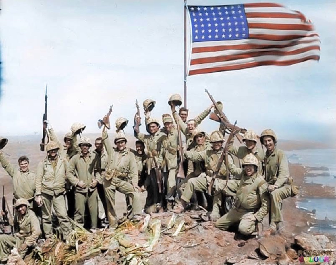 80 years ago today, Marines celebrate the raising of the American flag on Iwo Jima. 🇺🇸