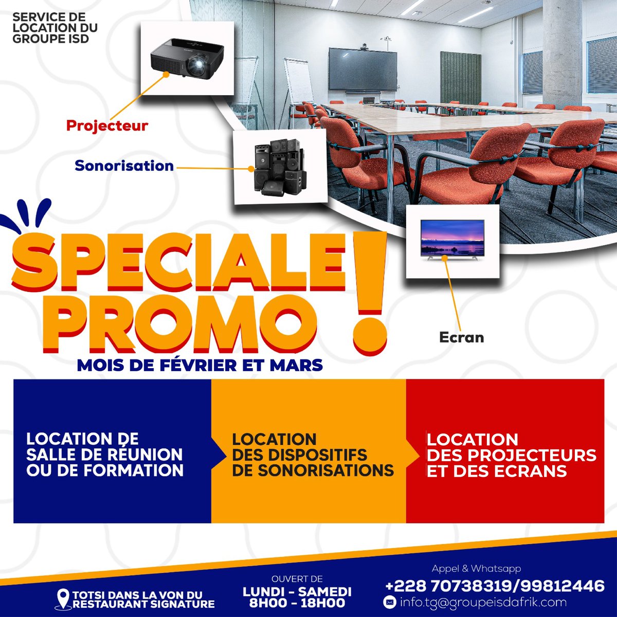 GROUPE ISD AFRIK (@groupeisdafrik) on Twitter photo 🎉 SPÉCIALE PROMO – MOIS DE FÉVRIER & MARS ! 🎉
👉 Groupe ISD AFRIK vous propose des tarifs exclusifs pour la location de matériels pour vos événements!
💬 Plus d'infos
📞 +228 70738319 / 99812446
📧 info.tg@groupeisdafrik.com
#IsdAfrik
#Promo #LocationMatériel 🎉 SPÉCIALE PROMO – MOIS DE FÉVRIER & MARS ! 🎉
👉 Groupe ISD AFRIK vous propose des tarifs exclusifs pour la location de matériels pour vos événements!
💬 Plus d'infos
📞 +228 70738319 / 99812446
📧 info.tg@groupeisdafrik.com
#IsdAfrik
#Promo #LocationMatériel