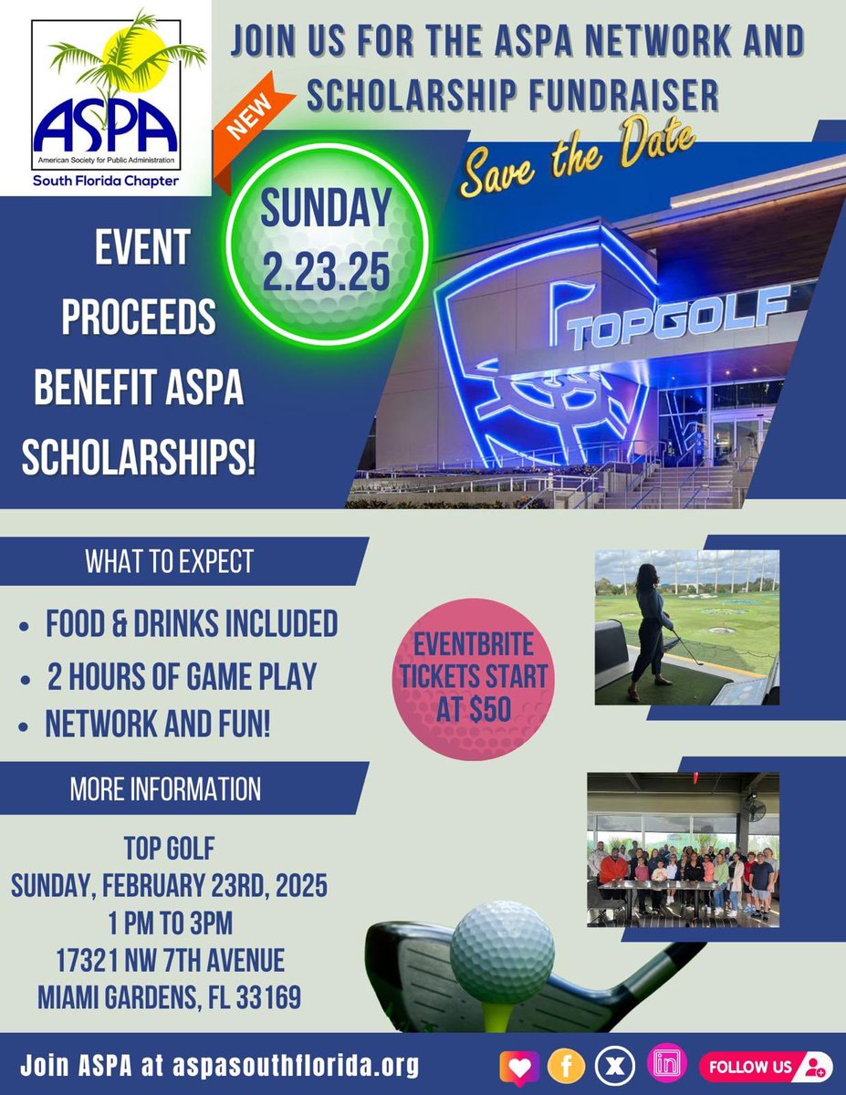 🏌️‍♂️ Join us for the ASPA South Florida Scholarship Fundraiser &amp; Networking Mixer!

📅 Sunday, Feb 23, 2025
⏰ 1 PM – 3 PM
📍 Topgolf Miami Gardens (17321 NW 7th Ave, Miami Gardens, FL 33169)

🔗 Register now: ASPATopGolf24.eventbrite.com

#ASPA #Networking #ScholarshipFund #TopGolf