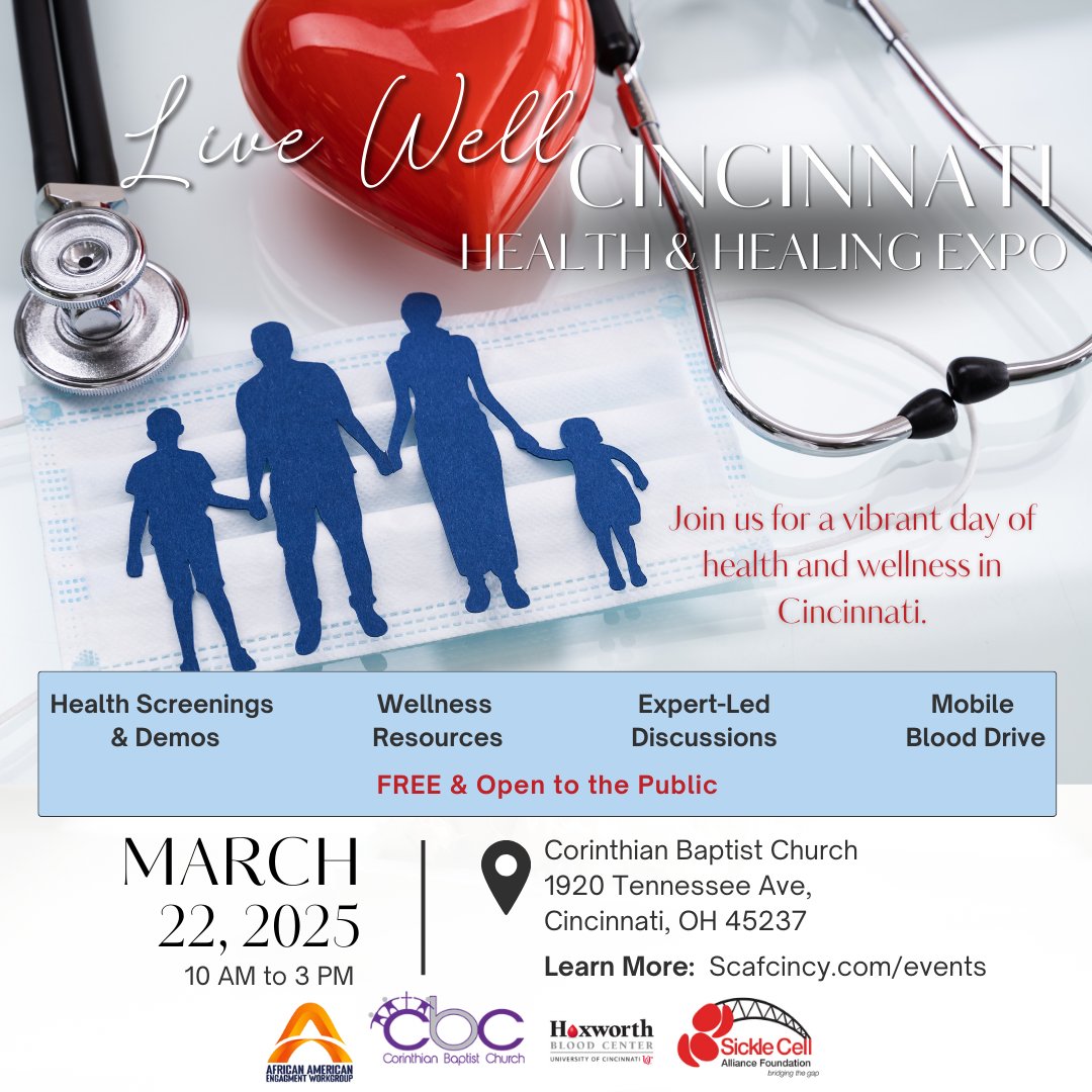 Join us March 22 for Live Well Cincinnati: Health &amp; Healing Expo at Corinthian Baptist Church! Explore health resources, wellness workshops &amp; a mobile blood drive. Let’s build a healthier Cincinnati! 

#LiveWellCincy #CincyWellness #SickleCell #SickleCellAwareness #SCAFCincy