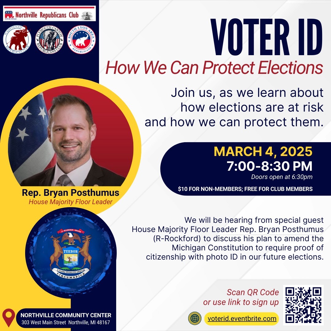 NorthvilleGOP's tweet photo. ANNOUNCEMENT – We have a new co-host! The @Wash_GOP_Club will be joining us, as we hear from special guest @posthumus_bryan to protect our election. Mar 4, 7 to 8:30,  Northville Comm Cntr, 303 W. Main, Northville. Free for members, $10 for non-members https://t.co/NwhwcRptwB https://t.co/XCYsykkwPT