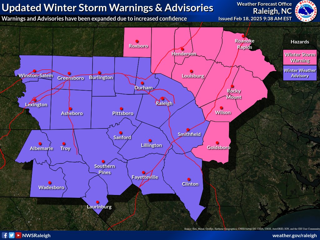 NWSRaleigh's tweet image. 945 am: Winter Storm Warnings and Advisories have been expanded across central NC. This is motivated more by increased confidence and messaging and not necessarily by increased intensity of the storm system. #ncwx