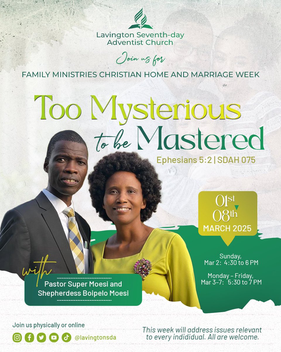 Family Life Christian Home &amp; Marriage Week of Prayer

Join us from March 1–8, 2025, as Pastor Super Moesi and Shepherdess Boipelo lead us through the theme: “Too Mysterious to Be Mastered.” 

This week will cover topics relevant to everyone! Don’t miss out—all are welcome.