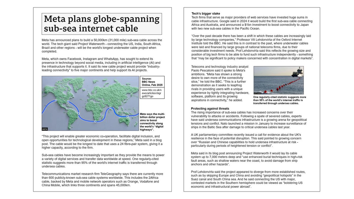 Globalisation factors: Meta’s sub-sea internet cable plan. Sharing here a sheet edited from BBC news. “More than 95% of internet traffic is through undersea cables.” Handy for AQA A-level Global Systems and works well with a visit to Submarine Cable Map website. #geographyteacher