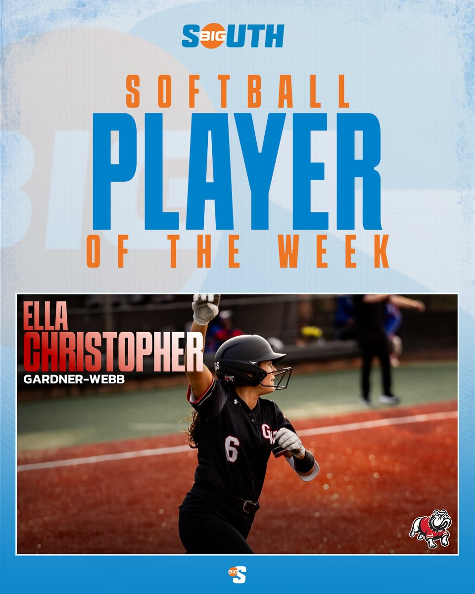 Big South Conference (@bigsouthsports) on Twitter photo She batted .563 (9-16) with three runs scored, seven RBI, one triple, two home runs and two stolen bases in four appearances 💪 She recorded a hit in every game, as well as a 1.063 slugging percentage along with a .563 on-base average. ⭐️
<a href="/GWUSoftball/">Gardner-Webb Softball</a>'s Ella Christopher is the She batted .563 (9-16) with three runs scored, seven RBI, one triple, two home runs and two stolen bases in four appearances 💪 She recorded a hit in every game, as well as a 1.063 slugging percentage along with a .563 on-base average. ⭐️
<a href="/GWUSoftball/">Gardner-Webb Softball</a>'s Ella Christopher is the