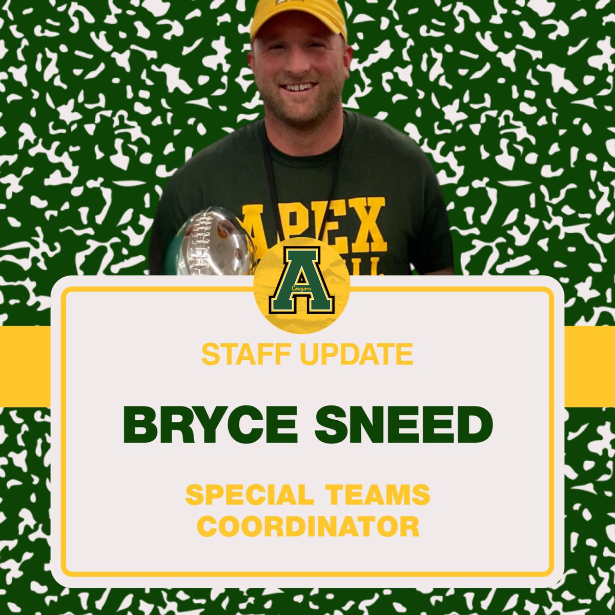 We are excited to announce and welcome Bryce Sneed as our new Special Teams Coordinator! Coach Sneed is an Apex Football Alum, and we are excited to bring him on staff!