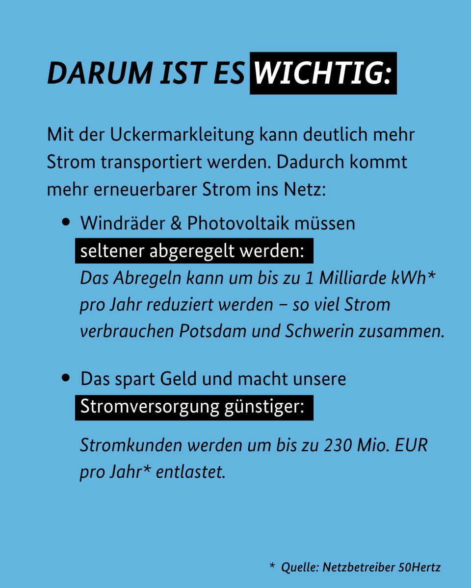 Diese Woche ist die #Uckermarkleitung ist Betrieb gegangen. Damit wird ein seit lange bestehender Netzengpass beseitigt.

Die Leitung ist ein wichtiger Baustein auf dem Weg zu einer sicheren, bezahlbaren &amp; klimafreundlichen #Energieversorgung.