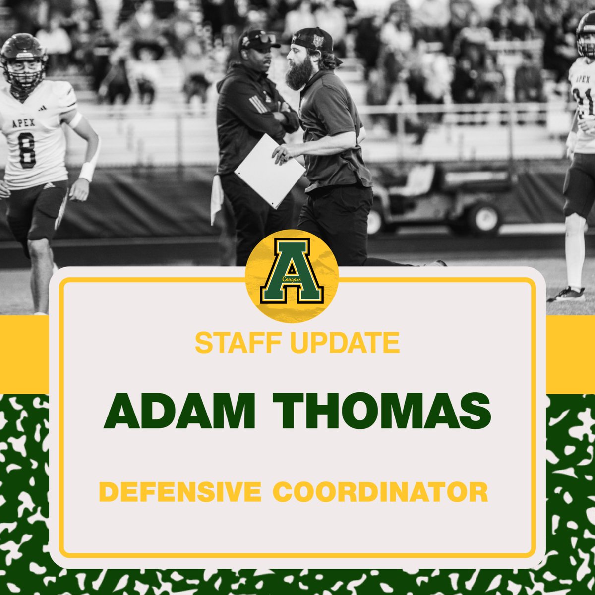 Introducing our Defensive Coordinator, Adam Thomas! Coach Thomas has been on staff the 2 previous seasons as our Linebackers coach. We are excited for him to lead our defense!