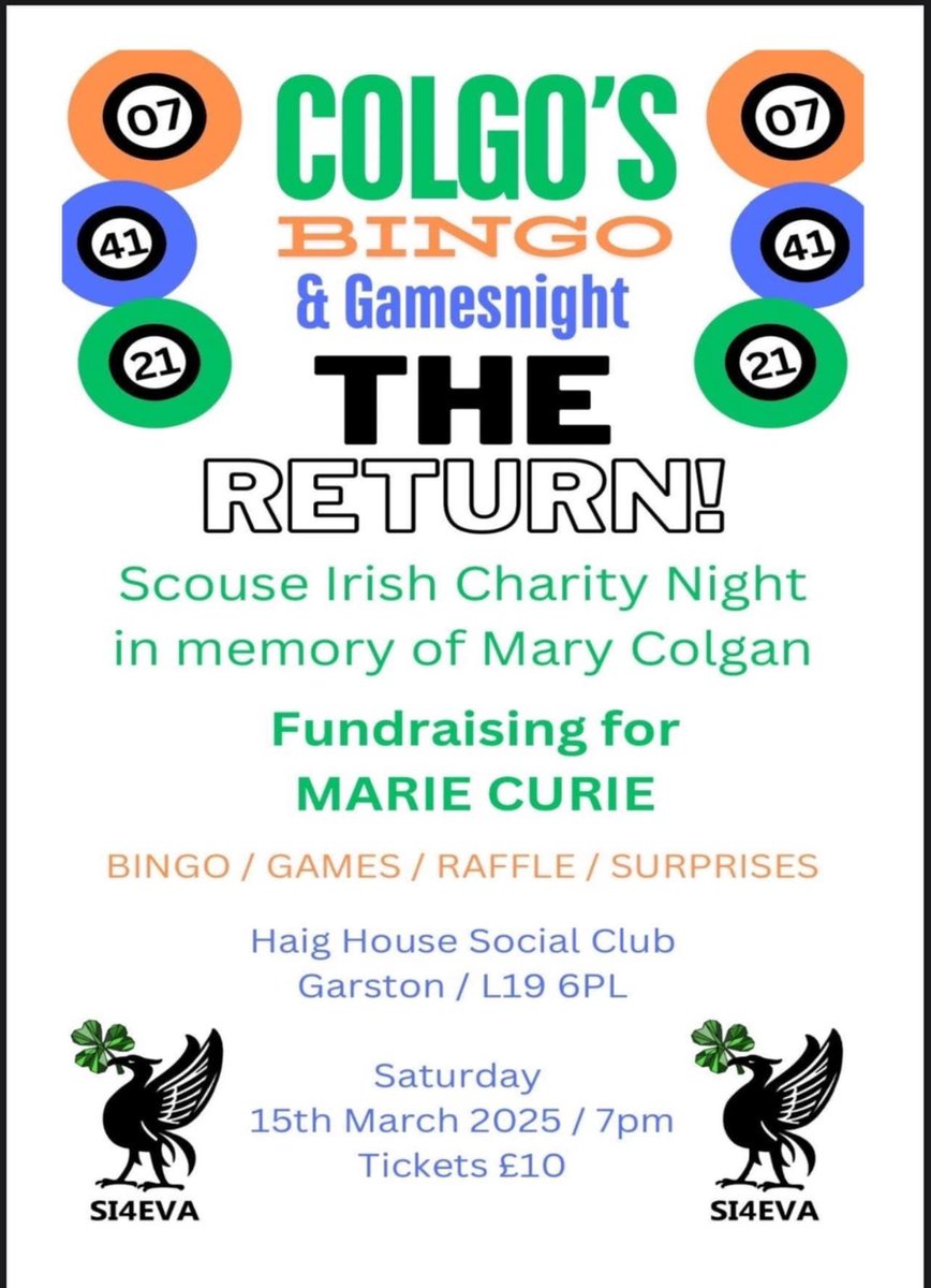 We have another great fundraiser for you to get behind, we promise you’ll not want to miss this one 🍀🍀🍀

The Scouse Irish Team will be hosting Colgo’s Bingo on 15th March 2025.
Join us for a night full of fun and laughter!  (Tickets available from Julie Hoey 07484204288)