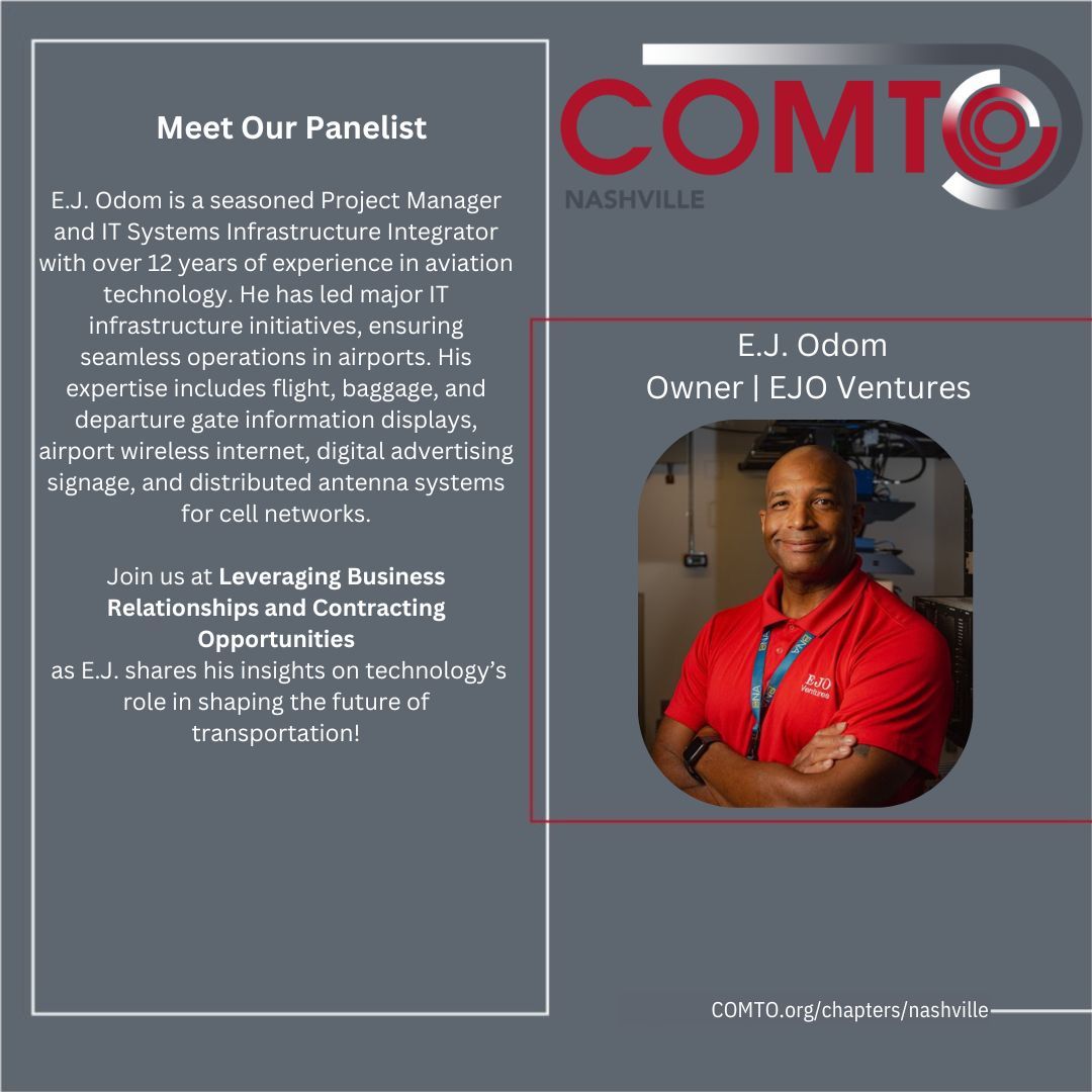 ComtoNashville's tweet image. E.J. Odom, an IT Systems Infrastructure Expert, will discuss tech-driven contracting at Leveraging Business Relationships and Contracting Opportunities on February 26th at 5 pm, Elizabeth Duff Transit Center, WeGo Central. #COMTO #Tech #AviationIndustry #BusinessOpportunitie