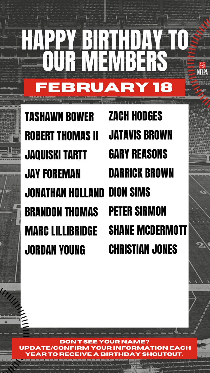 NFLPA Former Players (@nflpafmrplayers) on Twitter photo Happy birthday to our members @tashawnbower <a href="/RobThomas98/">Robert Thomas II</a> @quaski29 <a href="/foreman5644/">Jay Foreman</a> <a href="/Coach_J_Holland/">Jonathan Holland</a> @Bthom63_100 <a href="/Bridge2Football/">Bridge</a> @Ajy_03 <a href="/ZBHodges/">Zack Hodges</a> <a href="/Jatavis_/">Jatavis Brown</a> @garyreasons @darrick_brown <a href="/D_Sims80/">Dion Sims</a> @coachsirmon - We hope you have a great day and an even better year to come! Happy birthday to our members @tashawnbower <a href="/RobThomas98/">Robert Thomas II</a> @quaski29 <a href="/foreman5644/">Jay Foreman</a> <a href="/Coach_J_Holland/">Jonathan Holland</a> @Bthom63_100 <a href="/Bridge2Football/">Bridge</a> @Ajy_03 <a href="/ZBHodges/">Zack Hodges</a> <a href="/Jatavis_/">Jatavis Brown</a> @garyreasons @darrick_brown <a href="/D_Sims80/">Dion Sims</a> @coachsirmon - We hope you have a great day and an even better year to come!