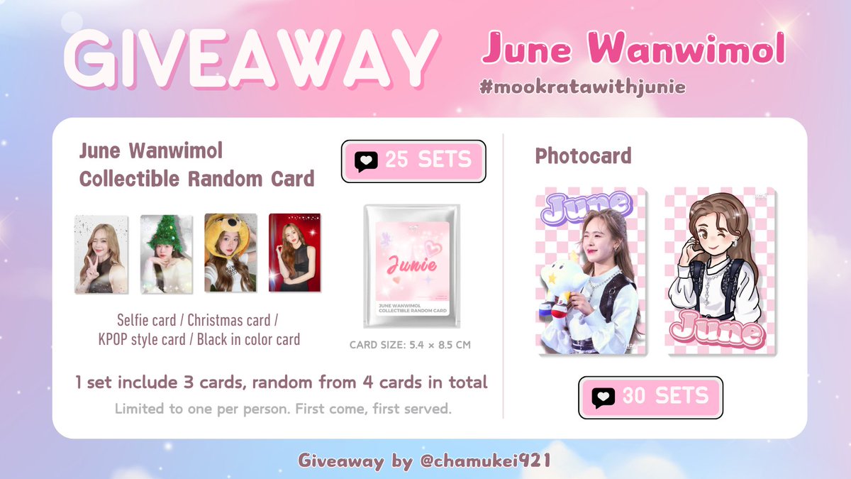 chamukei921's tweet photo. ⭐️Giveaway  #mookratawithjunie

I always wanted random cards to have June🥺

lntroducing...RANDOM COLLECTIBLE CARD PACK: Junie💖

ʳᵘˡᵉˢ ⁻ ʳᵗ ⁺ ˢʰᵒʷ ᵗʰⁱˢ ᵗʷᵉᵉᵗ
ˡⁱᵐⁱᵗᵉᵈ ᵗᵒ ¹ ᵖᵉʳ ᵖᵉʳˢᵒⁿ

🗓️ 22 Feb 2025
📍Areeya X PROUD Rooftop Bar

#Junewanwimol https://t.co/pMh2Fm7WYm