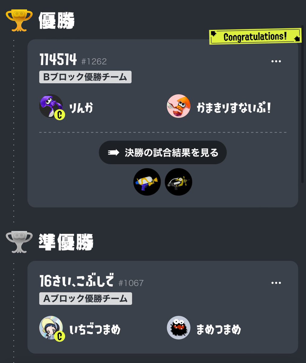 ■お遊びイカップル杯.10

優勝チーム👑
チーム名: 114514
りんか かまきりすないぷ！

準優勝チーム🥈
チーム名:16さい、こぶしで
いちごつまめ まめつまめ

今大会に出場してくれた皆様!!!ありがとうございました👑多くの試合の観戦ができて楽しかったです☺️